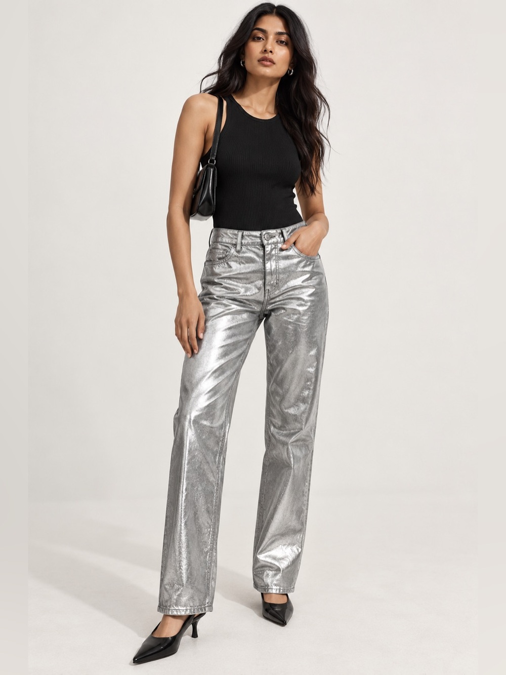 MANGO MNG Metallic Effect Silver Jeans – Size 8 – NWT